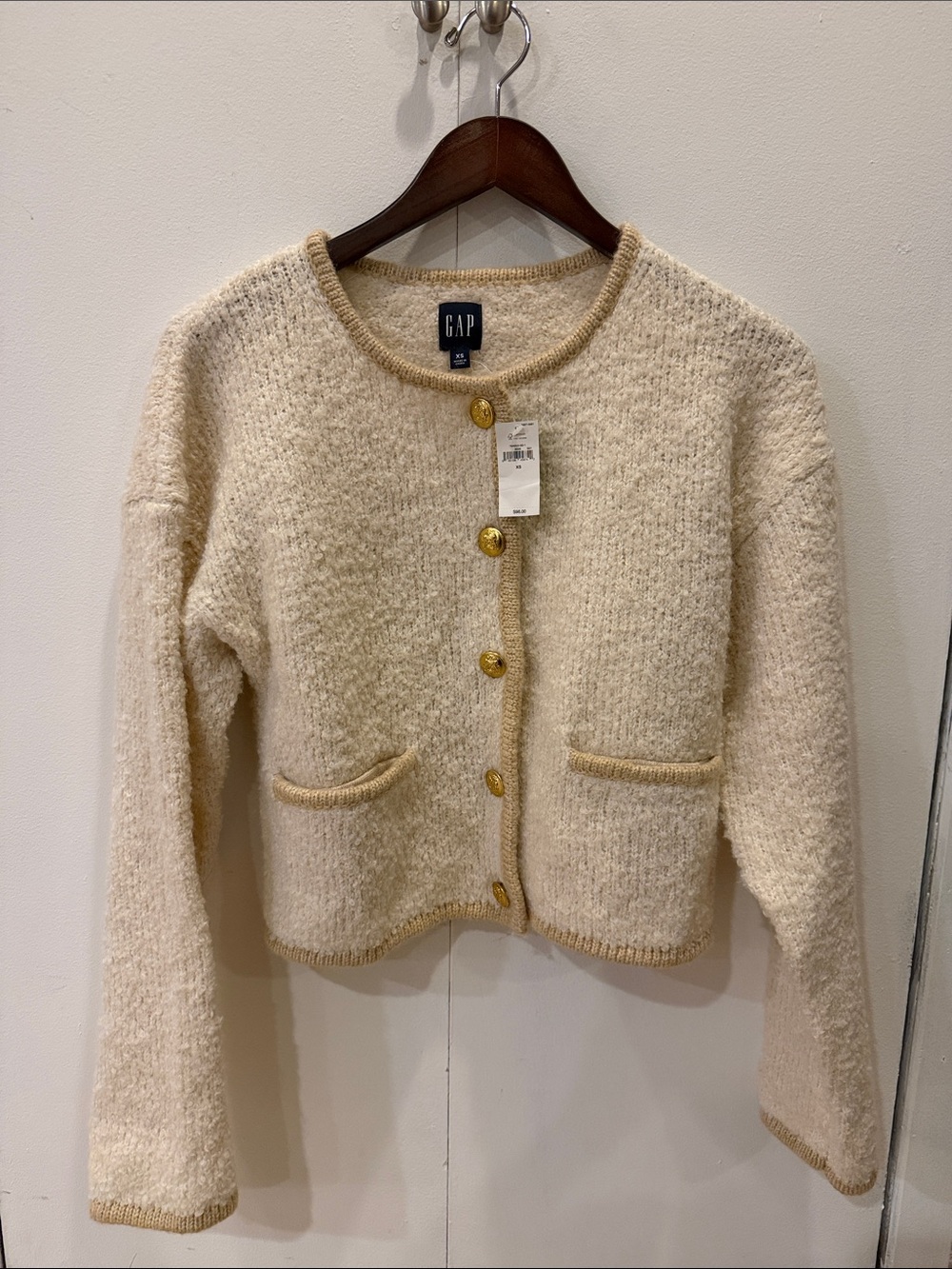 GAP Cream Bouclé Button-Front Cardigan with Gold Buttons NWT